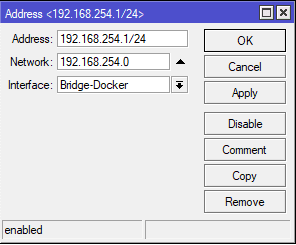 Настройка Docker в MikroTik, задать IP адрес для Bridge